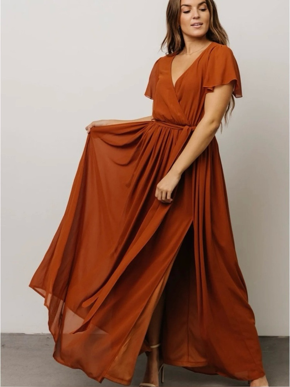 Baltic Born 2X Burnt Orange Chiffon Surplice Neck Maxi Formal Bridesmaids Dress